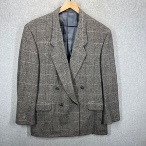 Tom James Blazer Mens 35R Gray Herringbone Double Breasted Wool Sport Coat EUC